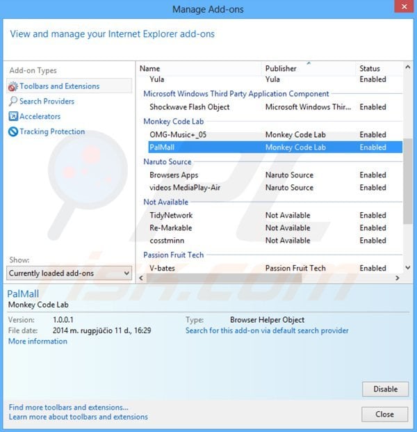 Removing palmall ads from Internet Explorer step 2