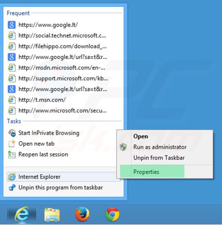 Removing portalsepeti.com from Internet Explorer shortcut target step 1