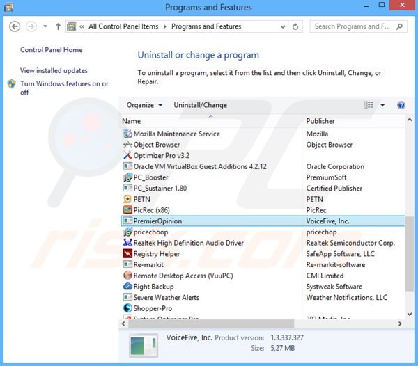 premieropinion adware uninstall via Control Panel