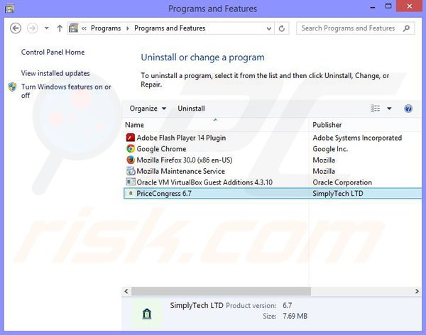 PriceCongress adware uninstall via Control Panel