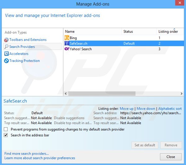 Removing safesear.ch from Internet Explorer default search engine