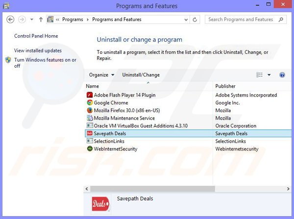 Savepath Deals adware uninstall via Control Panel