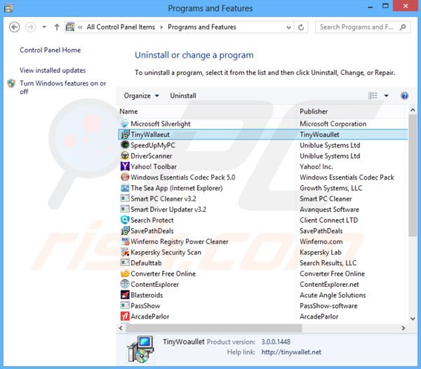 tinywallet adware uninstall via Control Panel