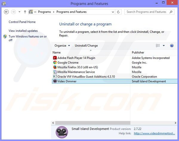 Video Dimmer adware uninstall via Control Panel