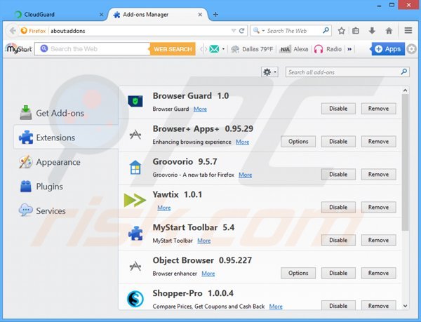 Removing CloudGuard related adware from Mozilla Firefox step 2