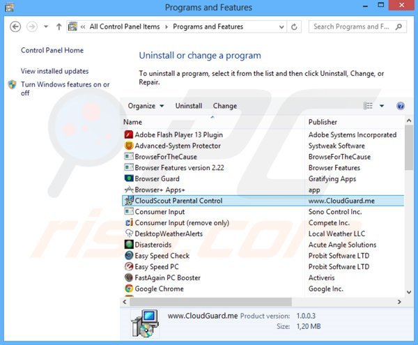 CloudGuard adware uninstall via Control Panel