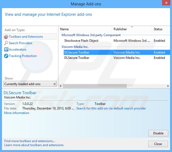 Removing dlsecure toolbar from Internet Explorer extensions