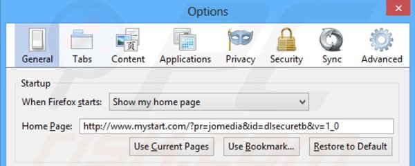 Removing dlsecure redirect from Mozilla Firefox homepage