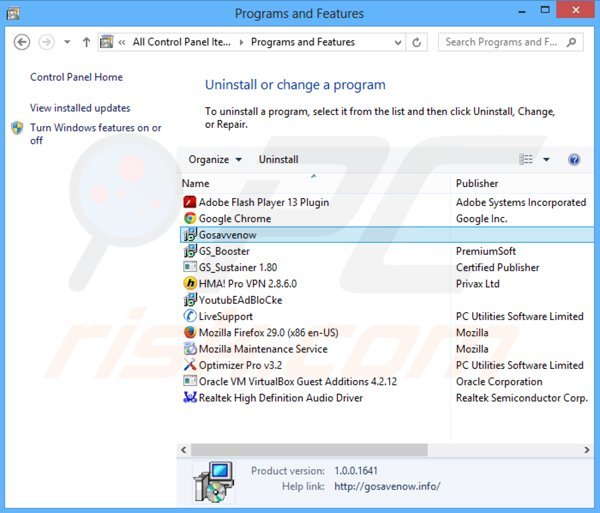 GoSavenow adware uninstall via Control Panel
