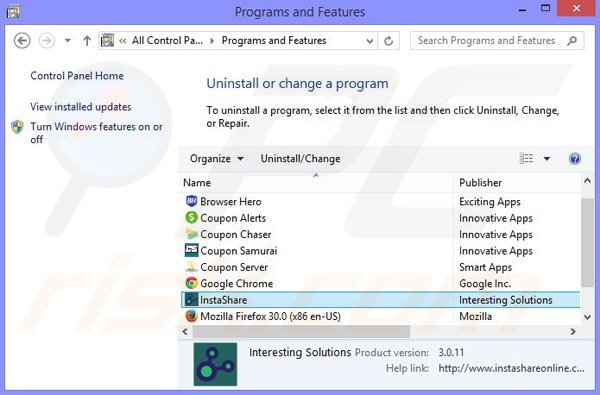 Insta Share adware uninstall via Control Panel
