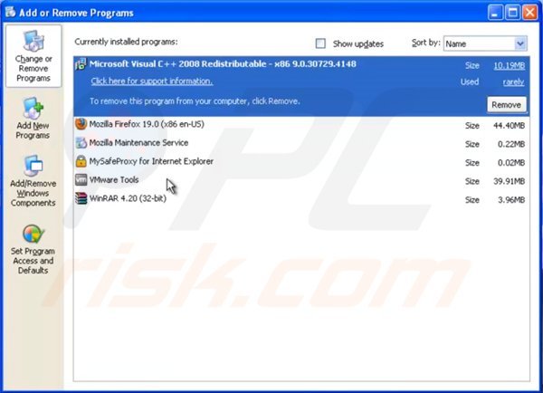 MySafeProxy adware uninstall via Control Panel