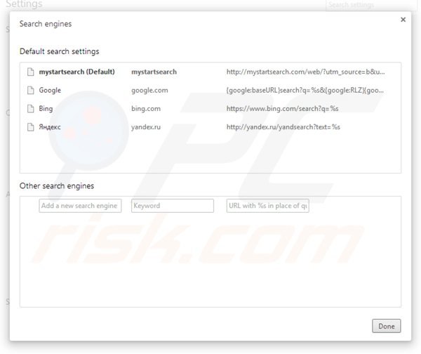 Removing mystartsearch.com from Google Chrome default search engine