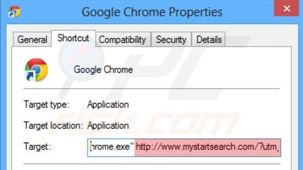 Removing mystartsearch.com from Google Chrome shortcut target step 2