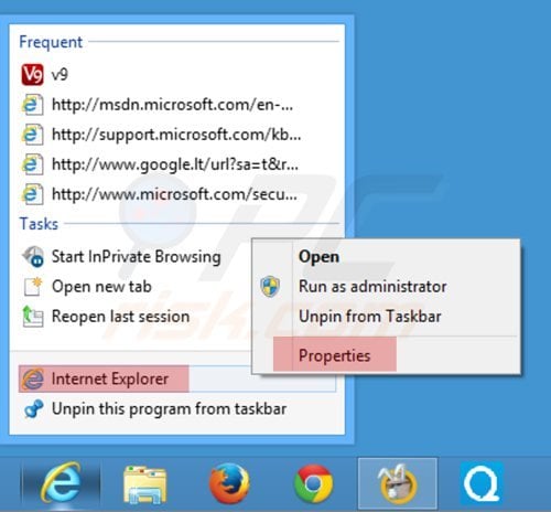 Removing mystartsearch.com from Internet Explorer shortcut target step 1