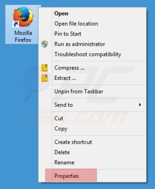 Removing mystartsearch.com from Mozilla Firefox shortcut target step 1