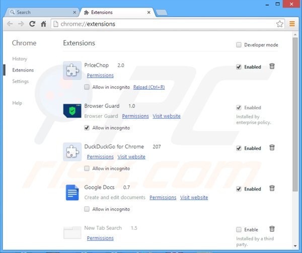Removing websearch.searchandfly.info related Google Chrome extensions