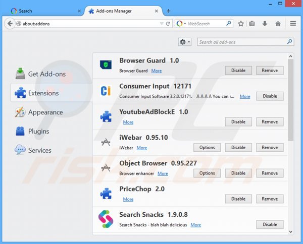 Removing websearch.searchandfly.info related Mozilla Firefox extensions
