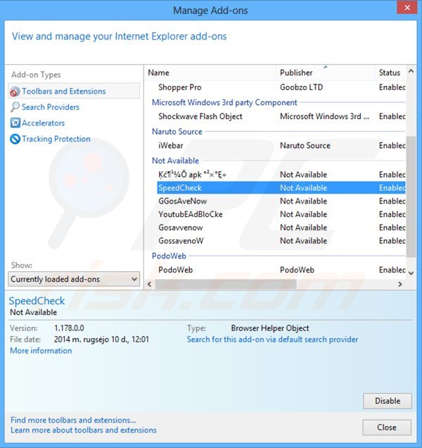 Removing SpeedCheck ads from Internet Explorer step 2