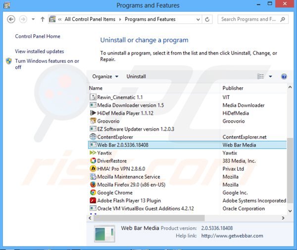 web bar adware uninstall via Control Panel