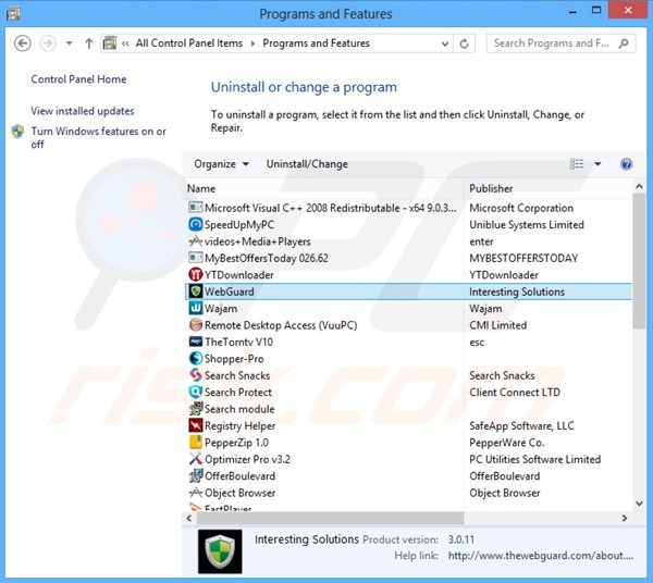 Web Guard adware uninstall via Control Panel