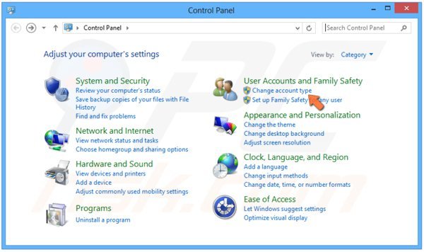 Turning on guest user on Windows 8 step 2 - clicking Change account type in User accounts and Family Safety section