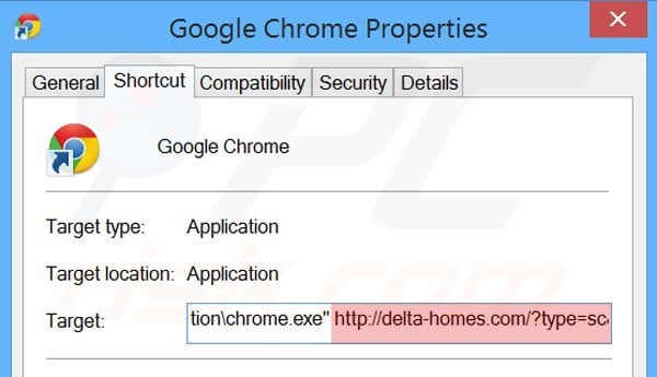 Removing delta-homes.com from Google Chrome shortcut target step 2