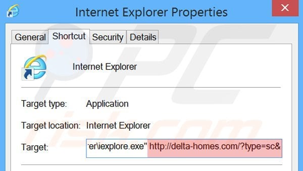 Removing delta-homes.com from Internet Explorer shortcut target step 2