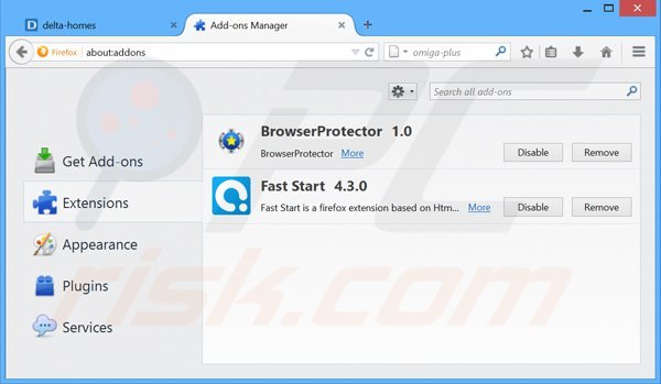 Removing delta-homes.com related Mozilla Firefox extensions
