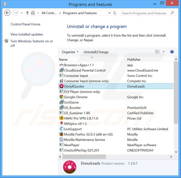 donutquotes adware uninstall via Control Panel