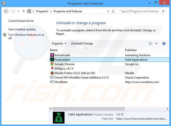 Finance Alert adware uninstall via Control Panel