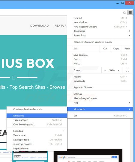 Removing geniusbox ads from Google Chrome step 1