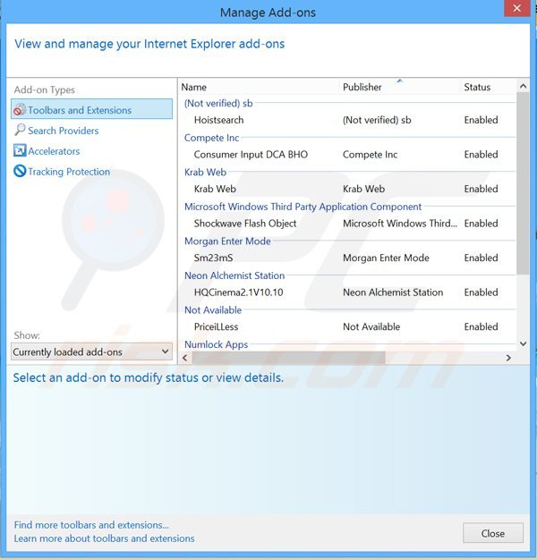 Removing hoistsearch from Internet Explorer extensions
