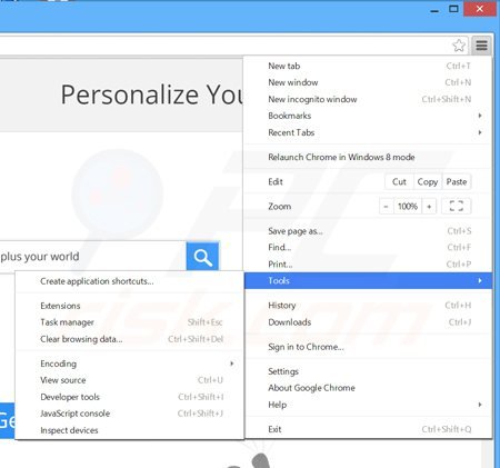 Removing koala personal search ads from Google Chrome step 1