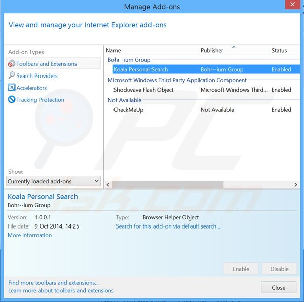 Removing koala personal search ads from Internet Explorer step 2