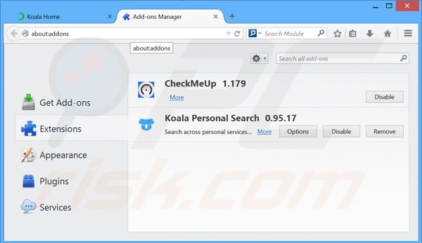 Removing koala personal search ads from Mozilla Firefox step 2