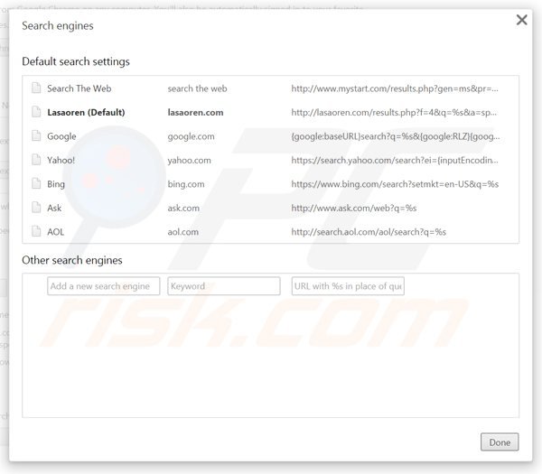 Removing lasaoren.com from Google Chrome default search engine