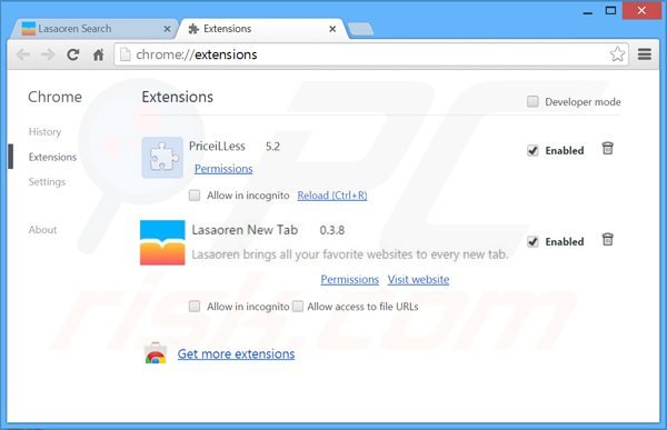 Removing lasaoren.com related Google Chrome extensions