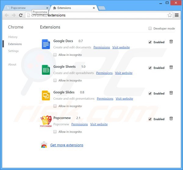 Removing Popcornew ads from Google Chrome step 2
