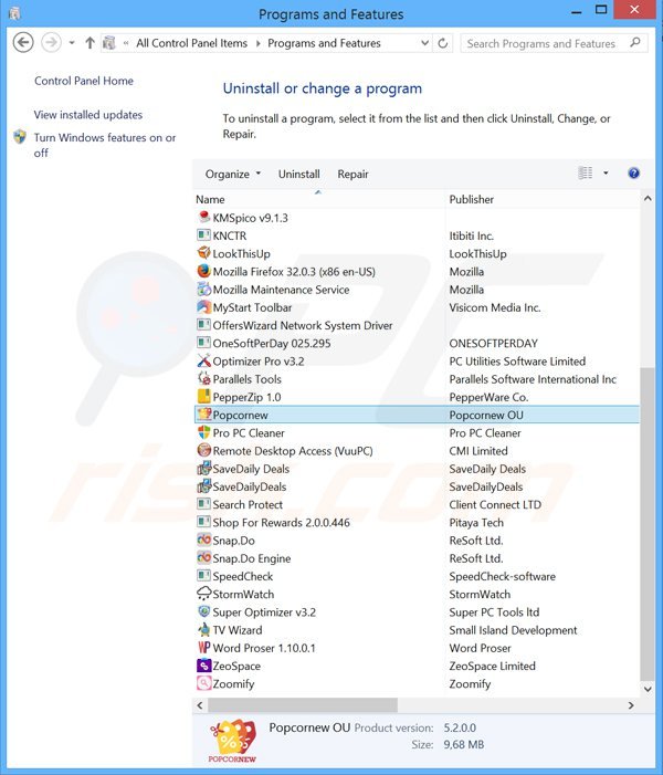Popcornew adware uninstall via Control Panel