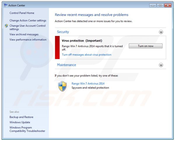 rango win7 antivirus 2014 displaying a fake action center window