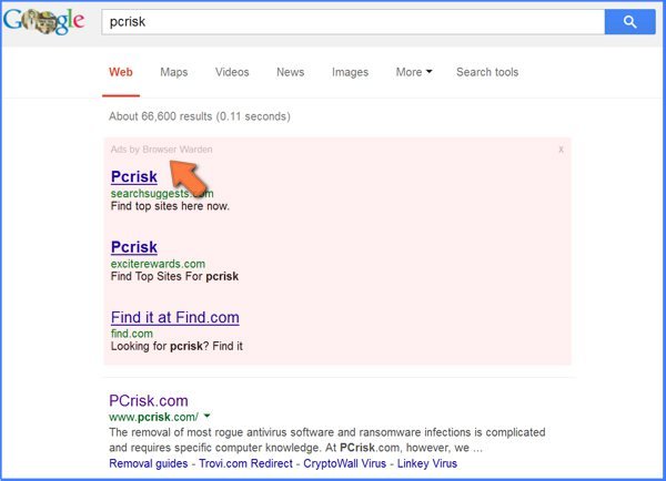 rogue ads in Google search results caused by Browser Warden adware