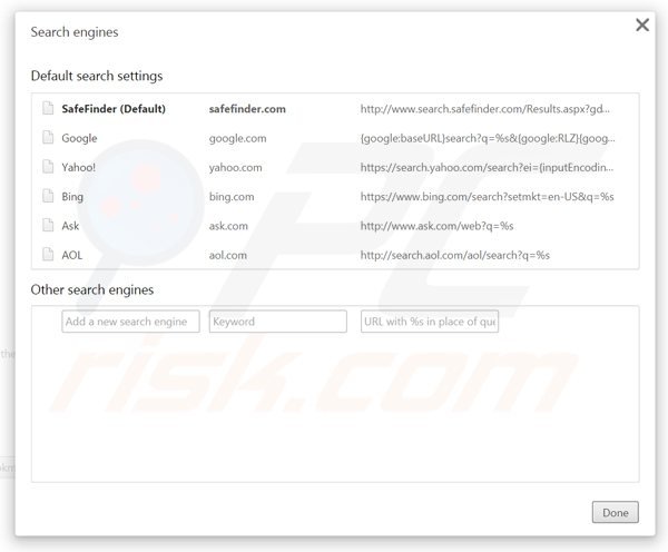 Removing search.safefinder.com from Google Chrome default search engine