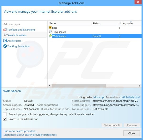 Removing search.safefinder.com from Internet Explorer default search engine