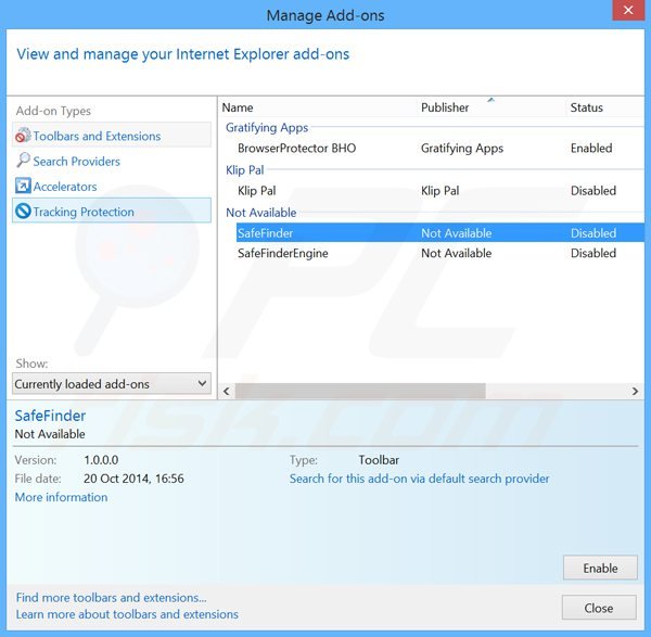 Removing search.safefinder.com related Internet Explorer extensions