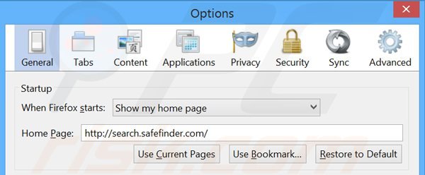 Removing search.safefinder.com from Mozilla Firefox homepage