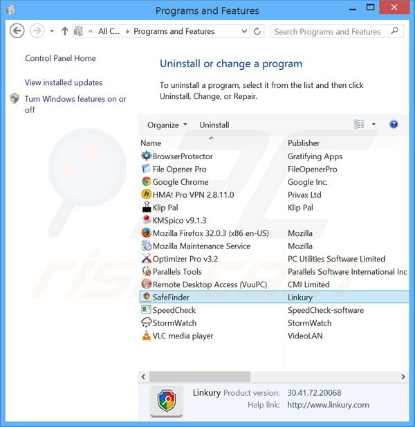 search.safefinder.com browser hijacker uninstall via Control Panel