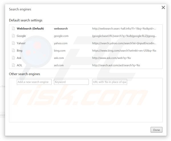 Removing websearch.searc-hall.info from Google Chrome default search engine
