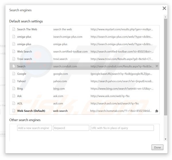 Removing search.conduit.com from Google Chrome default search engine