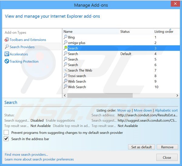 Removing search.conduit.com from Internet Explorer default search engine