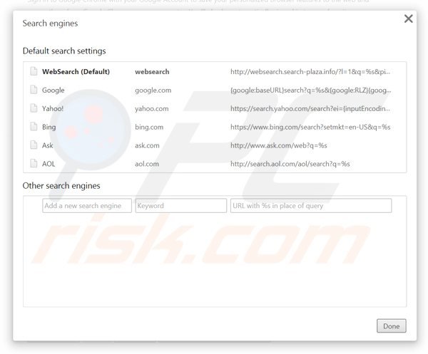 Removing websearch.search-plaza.info from Google Chrome default search engine